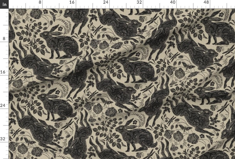 Block Print Bunnies Fabric - Rabbits by silver_steer_design - Linocut Woodblock Hares Woodland Neutral Fabric by the Yard by Spoonflower imagem 2