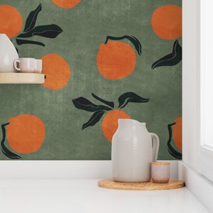 Mid Century Wallpaper - Clementines On Green By Erin Kendal - Fruit Citrus Kitchen Removable Self Adhesive Wallpaper Roll by Spoonflower