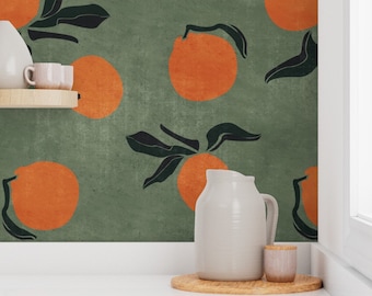 Mid Century Wallpaper - Clementines On Green By Erin Kendal - Fruit Citrus Kitchen Removable Self Adhesive Wallpaper Roll by Spoonflower