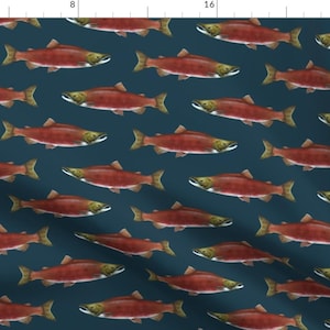Red Salmon Fabric - Sockeye Salmon On 1d3d4c Navy By Weavingmajor - Pond Fish Beach Decor Cotton Fabric By The Yard With Spoonflower