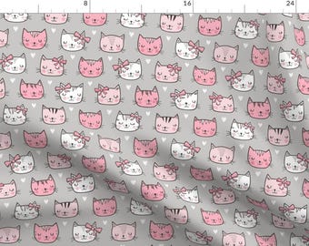 Pink Cats On Gray Fabric - Pink Cat Faces With Bows And Hearts On Grey By Caja Design - Cat Faces Cotton Fabric By The Yard With Spoonflower