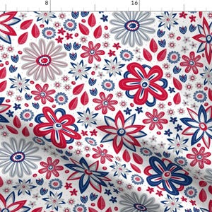 Patriotic Flower Fabric - Red, White And Blue July 4th By Robyriker - Independence Day Floral Cotton Fabric By The Yard With Spoonflower
