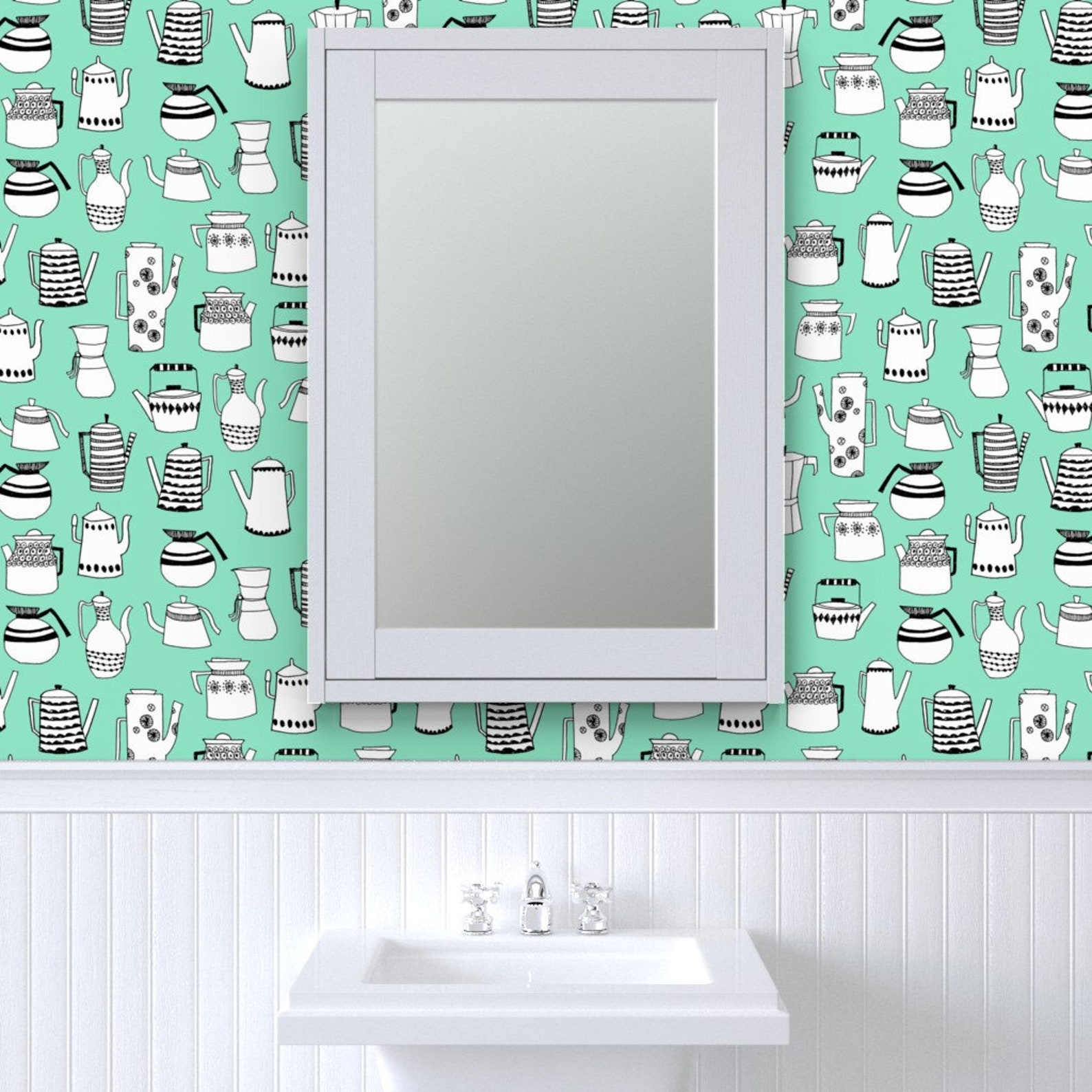 Teapot Wallpaper Coffee and Teapots Vintage Mint by Andrea | Etsy