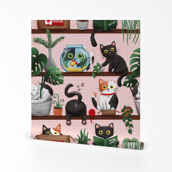 Funny Cats Removable Peel and Stick Wallpaper - Black Cat Calico Cats - Wall Art Wall Decor - My Favorite Things by whimsical_brush