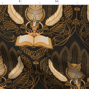 Dark Academia Fabric - Dark Academia by patricia_lima - Owl Spells Books Wizard Witchcraft Dark Magic Gold Fabric by the Yard by Spoonflower
