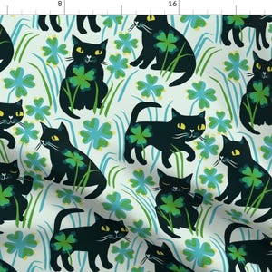 Cat Fabric - Lucky Black Cats In Four Leaf Clover By Asta Barrington - Black Green Talisman Irish Cotton Fabric By The Yard With Spoonflower