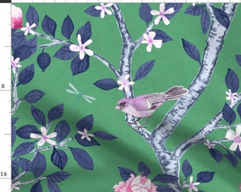 Bird In Garden Fabric - Elsie's Garden Bright Green Navy  by danika_herrick - Leaves Floral Flowers Tree Fabric by the Yard by Spoonflower