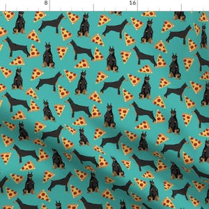 Doberman Pizza Fabric - Doberman Pinscher Dog Turquoise Pizza Hipster Food By Petfriendly - Dog Cotton Fabric by the Yard with Spoonflower