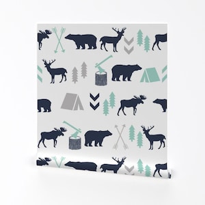 Woodland Wallpaper - Mint Navy Bear Moose Forest By Charlottewinter - Custom Printed Removable Self Adhesive Wallpaper Roll by Spoonflower