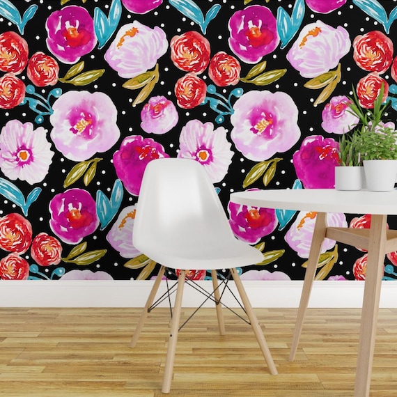 Large Scale Floral Fabric - Poppy Bloom Black By Indybloomdesign - Bright Pink Floral Removable Self Adhesive Wallpaper Roll by Spoonflower