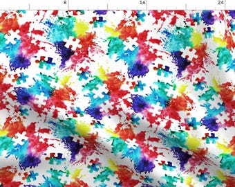Puzzle Fabric - Puzzle Piece Watercolor Splatter By Littlearrowdesign - Puzzle Piece Rainbow Cotton Fabric by the Yard with Spoonflower