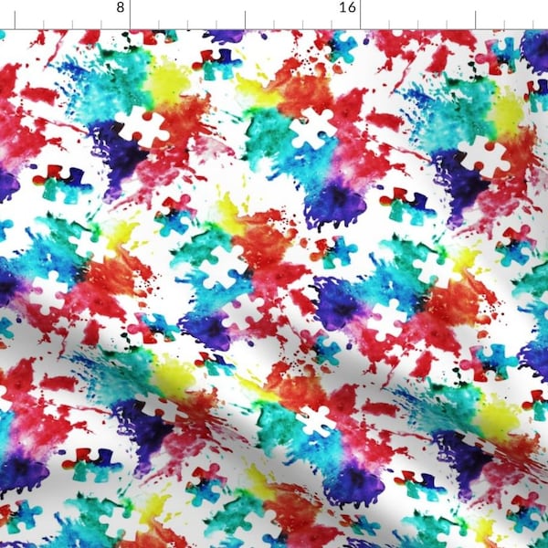 Puzzle Fabric - Puzzle Piece Watercolor Splatter By Littlearrowdesign - Puzzle Piece Rainbow Cotton Fabric by the Yard with Spoonflower