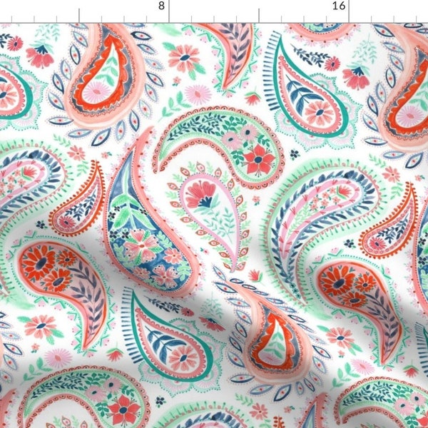 Coral and Aqua Paisley Fabric - Spring Paisley By Laura May Designs - Colorful Watercolor Paisley Cotton Fabric By The Yard With Spoonflower