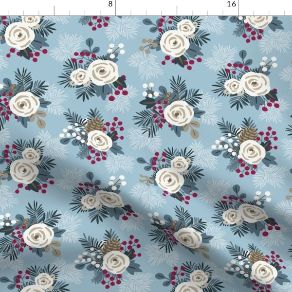 Blue Winter Floral Fabric - Holiday Folk Floral by kee_design_studio - Berries Christmas Evergreen Berries Fabric by the Yard by Spoonflower