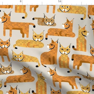 Lynx Fabric - Iberian Lynx By Analinea - Lynx Orange Cat Wild Nature Gray Background Mod Felines Cotton Fabric By The Yard With Spoonflower