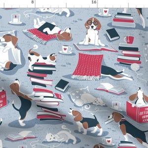 Reading Fabric - Life Is Better With Books And A Friend By Selmacardo - Blue White Red Dog Cotton Fabric By The Yard With Spoonflower