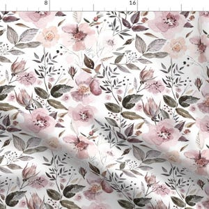 Farmhouse Cottage Dusty Pink Fabric - 10&quot; Utart - Autumnal Watercolor Flowers On White By Utart - Farmhouse Cottage Fabric With Spoonflower