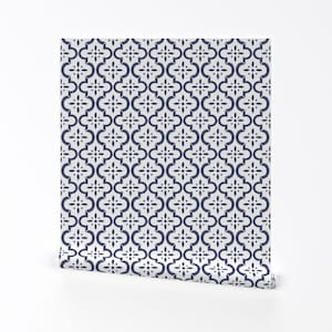 Moroccan Tile Wallpaper -Blue White Ikat Moroccan Flower By Sugarfresh- Custom Printed Removable Self Adhesive Wallpaper Roll by Spoonflower