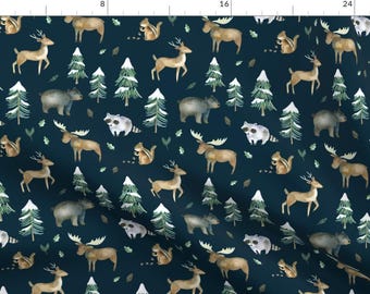 May include: A seamless pattern featuring woodland animals and trees on a dark blue background. The pattern includes deer, moose, raccoons, squirrels, bears, and pine trees with snow on the tops. The animals are drawn in a watercolor style.
