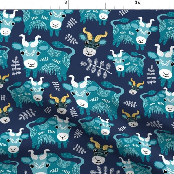 Teal Navy Cows Fabric - Ox Frenzy By V Beasant - Chinese Zodiac Year of the Ox Yak Bulls Cattle Cotton Fabric By The Yard With Spoonflower