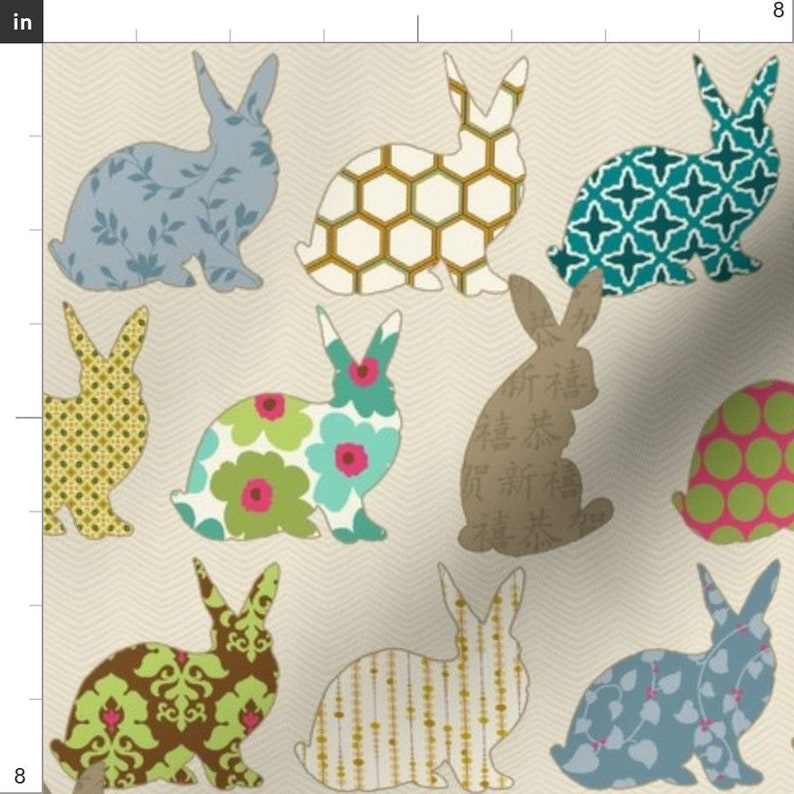 Woodland Rabbit Fabric Year Of The Colorful Rabbit By Etsy