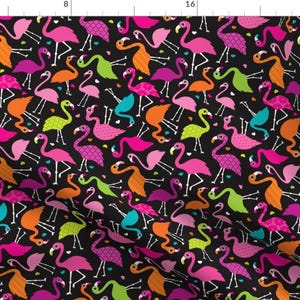 May include: A black background with a repeating pattern of colorful flamingos. The flamingos are in various poses, including standing, walking, and flying. The flamingos are all different colors, including pink, orange, green, and blue.