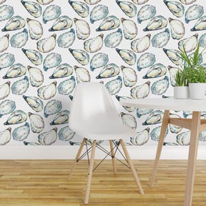 Coastal Watercolor Peel and Stick Wallpaper - Oyster Shells Large Scale Ocean Life - Removable Wall Decor Art - Oyster White by goodfairyart