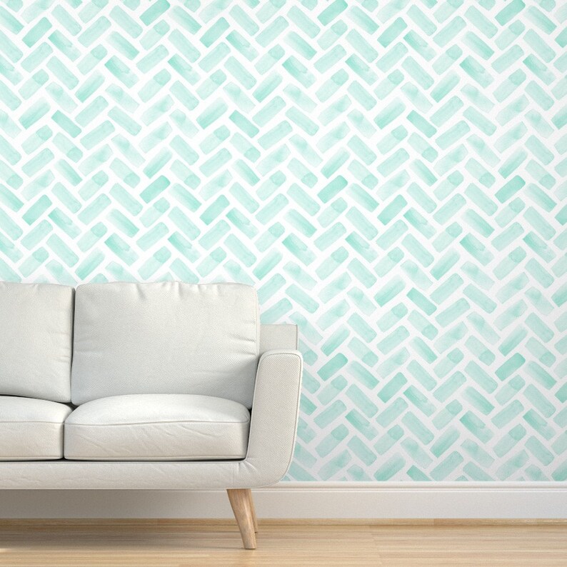 Aqua Herringbone Wallpaper Watercolor Herringbone By Etsy