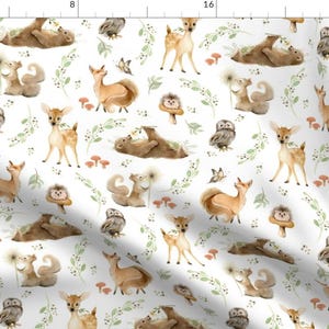 Woodland Babies Fabric - 12&quot; Forest Friends By Gingerlous - Watercolor Leaf Gender Neutral Baby Cotton Fabric by the Yard with Spoonflower