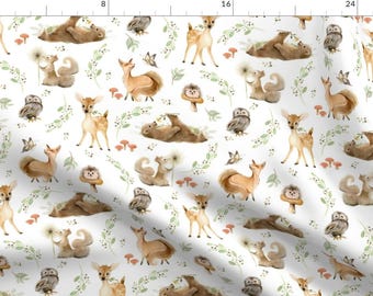 Woodland Babies Fabric - 12&quot; Forest Friends By Gingerlous - Watercolor Leaf Gender Neutral Baby Cotton Fabric by the Yard with Spoonflower