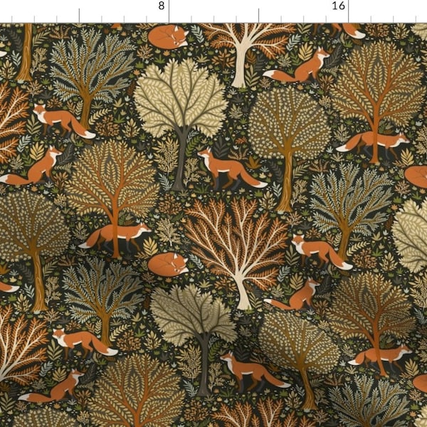 Woodland Fabric - Fox Forest by serena_archetti - Nature Forest Fox Green Orange Brown Autumn Woods Trees Fabric by the Yard by Spoonflower