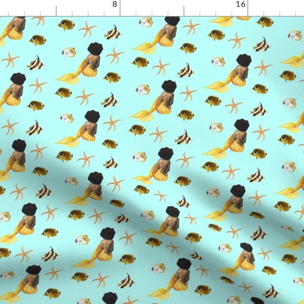 Mermaid Fabric - Afro Mermaid African American By Tarak - Mermaid Aqua Tropical Summer Ocean Sea Cotton Fabric By The Yard With Spoonflower