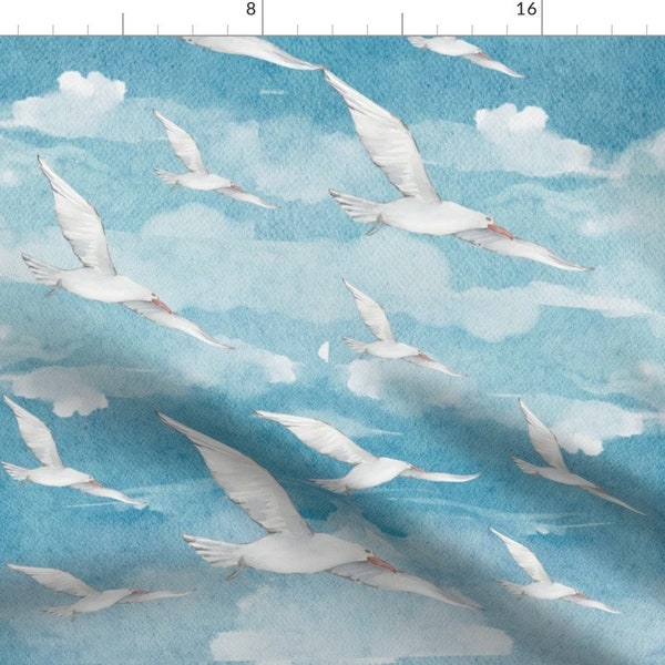 Blue Sky Fabric - Birds In The Sky  by jawariakiran92 -  Seagulls Ocean Blue White And Blue Birding  Fabric by the Yard by Spoonflower