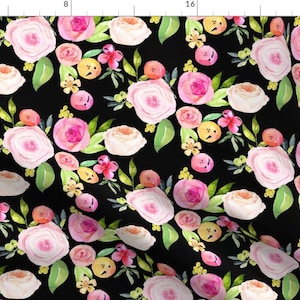 Watercolor Peonies Fabric - Watercolor Peonies In Pinks + Yellows  Black By Theartwerks - Peonies Cotton Fabric By The Yard With Spoonflower