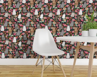 Cat Wallpaper - Flowers Kitty Cat Pet By Petfriendly - Black Pink Custom Printed Removable Self Adhesive Wallpaper Roll by Spoonflower