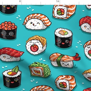 Sushi Fabric - Cute Kawaii Sushi By Penguinhouse - Sushi Japanese Rice Roll Sashimi Food Seafood Cotton Fabric By The Yard With Spoonflower
