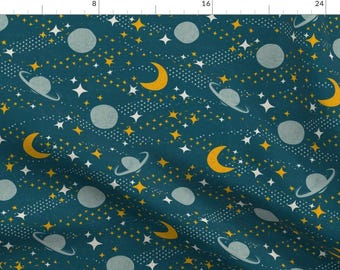 Intergalactic Adventure Fabric - Galactic By Fleabat - Planets Moon Stars Galaxy Solar System Cotton Fabric By The Yard With Spoonflower