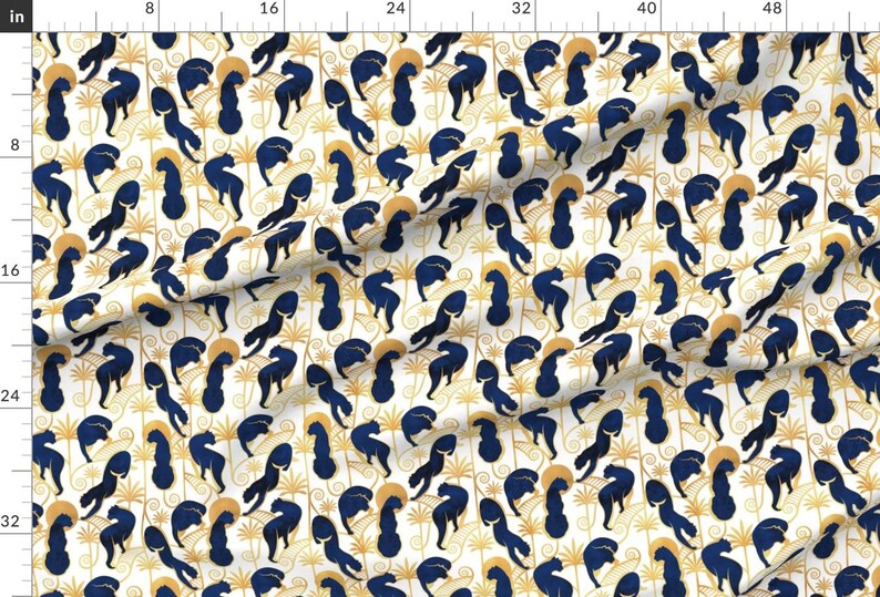 Panthers Sunshine Silouhette Fabric - Deco Panthers Garden // Normal Scale // White Background Navy And Gold Big Cats By Selmacardoso imagen 2