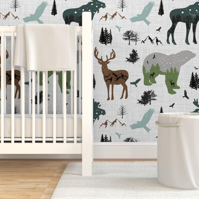 Skogstapet - Skogsdjur på linne av Karolina Papiez - Specialtryckt avtagbar självhäftande tapetrulle av Spoonflower bild 6