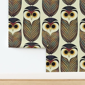 Forest Owls Peel and Stick Wallpaper - Art Deco Earth Tones Nursery Childrens Novelty Library - Removable Wall Decor Art - Owls by nickleen image 4
