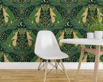 Art Nouveau Garden Peel and Stick Wallpaper - Green Frog - Removable Wall Decor Art - Nouveau Frogs Large by jillian_nichole_illustration