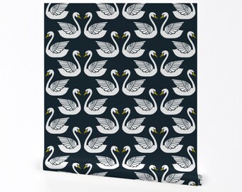 Swan Wallpaper - Swans On Midnight By Ceciliamok - Bird Nursery Decor Custom Printed Removable Self Adhesive Wallpaper Roll by Spoonflower