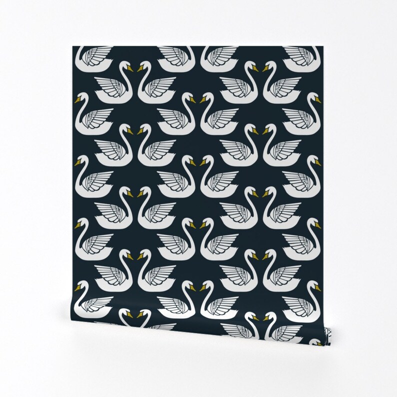 Swan Wallpaper Swans On Midnight By Ceciliamok Bird Nursery Decor Custom Printed Removable Self Adhesive Wallpaper Roll by Spoonflower image 1