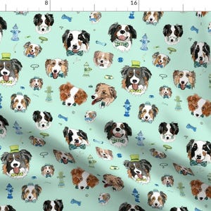 Dog Fabric - Love Australian Shepherds By Landfish - Dog Party Hydrant Hats Watercolor Pet Puppy Cotton Fabric By The Yard With Spoonflower