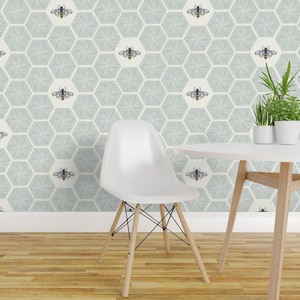 Honey Bees Wallpaper - Stitched Bees Honeycomb By Fernlesliestudio - Blue White Kids Removable Self Adhesive Wallpaper Roll by Spoonflower