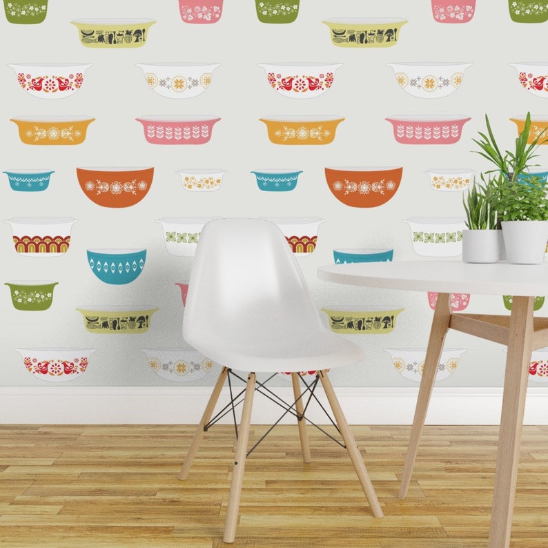Retro Wallpaper - Vintage Dishes by calobeedoodles - Kitchen Dishes Cooking Baking Mcm Removable Peel and Stick Wallpaper by Spoonflower image 4