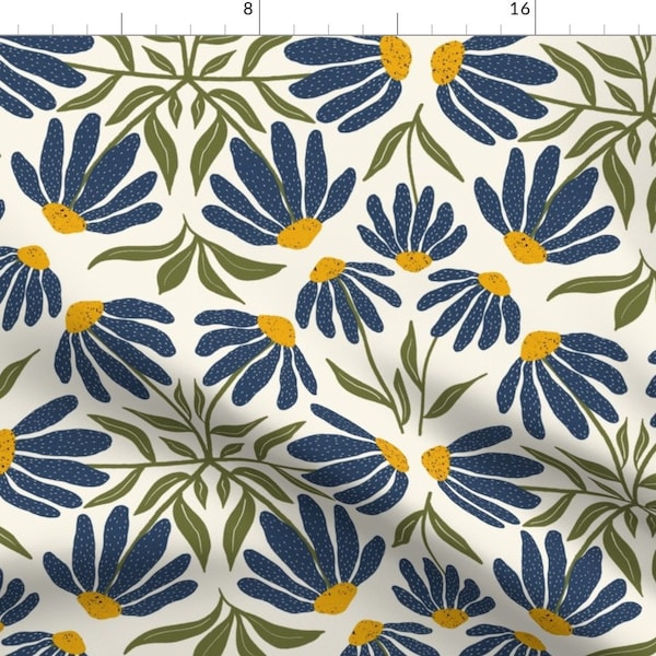 Echinacea Fabric - Blue Coneflowers by meaganelizabethdesign - Botanical Tile Wildflower Blue Yellow Gold  Fabric by the Yard by Spoonflower