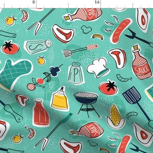 May include: A teal blue background with a repeating pattern of various grilling and barbecue related items, including a spatula, tongs, a grill, a chef's hat, a bottle of sauce, a corn cob, a tomato, a hot dog, and a grill mitt. The text "Sauce" appears on the bottle of sauce.