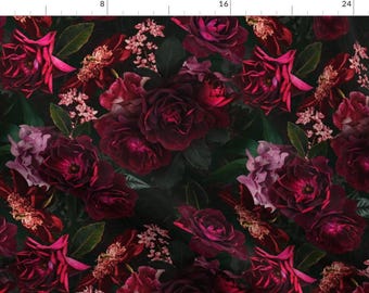 May include: A dark floral pattern featuring deep red and purple roses with green leaves on a black background.