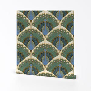 Peacock Scallops Removable Peel and Stick Wallpaper - 1920s Art Deco Jewel Tones Blue Green - Wall Art Wall Decor - Peacock Deco by analinea